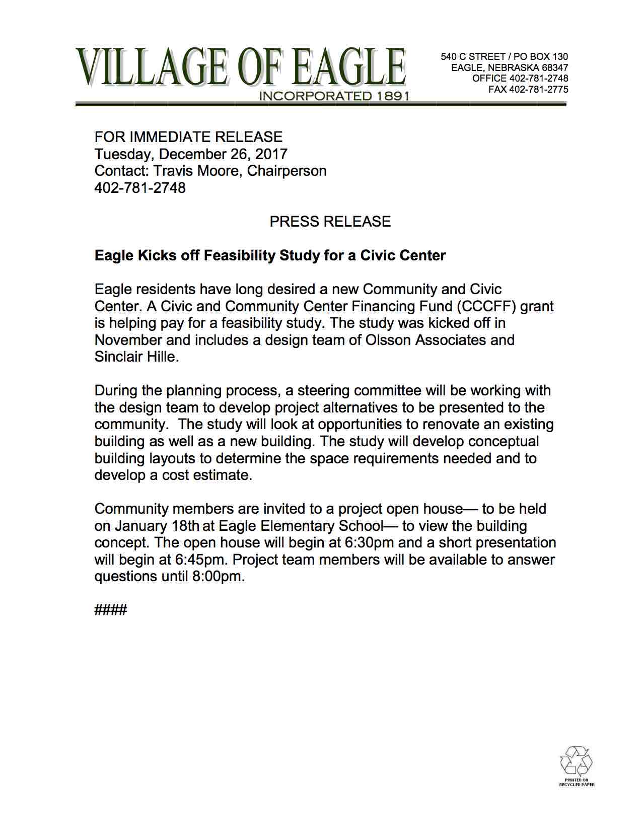 Civic Center Feasibility Study Press Release